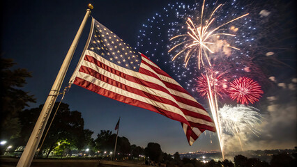 American Flag Waving Proudly Against A Night Sky Filled With Vibrant Fireworks Displaying Red, White, And Blue Explosions Of Light Celebrating Independence Day © Robu_insta_photo
