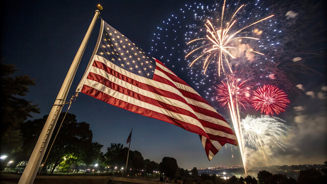 American Flag Waving Proudly Against A Night Sky Filled With Vibrant Fireworks Displaying Red, White, And Blue Explosions Of Light Celebrating Independence Day
