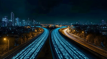 Fototapeta premium Elevated view of a highway interchange at night, showing city skyline in the background.