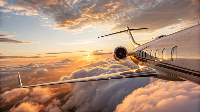 Luxury Private Jet Flying Above Golden Sunset Cloudscape: Aerial View Of Airplane Wing And Engine During Breathtaking Sunrise Or Sunset Flight - Powered by Adobe