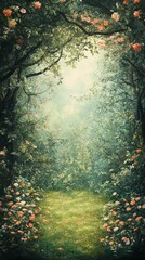 Pathway Through Lush Forest with Blooming Flowers and Sunlight