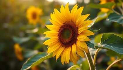 Fototapeta premium Vibrant Sunflower in Bloom with Green Leaves and Bright Yellow Petals