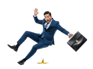 Handsome manager has an accident. Funny pose in studio.