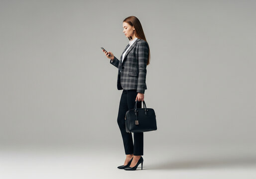 Full size profile photo of slim pretty business lady young chief hold diplomat bag browsing telephone go meeting wear plaid blazer trousers high-heels isolated grey color background - Powered by Adobe