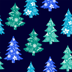 christmas trees seamless pattern dark blue background with festive snowflake and star designs flat boho
