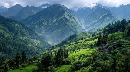 Fototapeta premium Lush Green Rice Terraces in the Valley Mountains