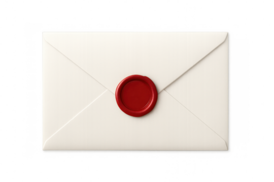 Closed white envelope secured with a red wax seal, isolated on a transparent background, representing privacy and security