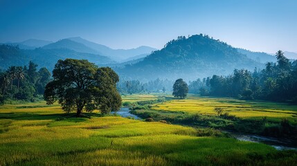 Fototapeta premium Misty Morning Landscape with Rice Fields