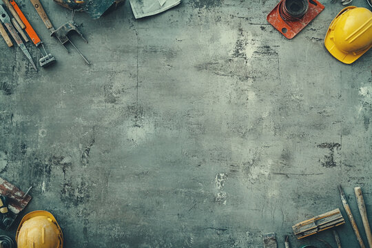 Construction tools arranged around a weathered gray surface background ready for work