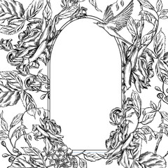 Vintage Toile de Jouy card with Blue flowers and Swallows.