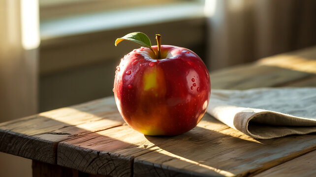A fresh red apple with dew drops, resting on a wooden table in natural sunlight