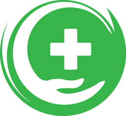 Obraz premium Green Cross Hand Logo Design for Medical Clinic and Health Care Services