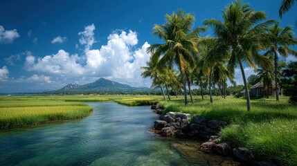 Obraz premium Scenic Tropical River Landscape with Rice Terraces