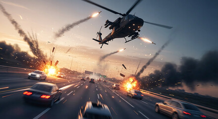 Attack Helicopter Firing Missiles Over Busy Highway During Sunset Dramatic Action Scene With Explosions And Cars © Robu_insta_photo