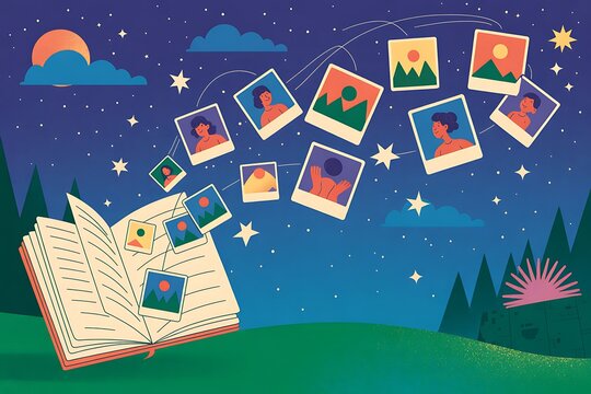 Let your memories take flight with a magical scrapbook journey under starry skies, capturing precious moments and treasured adventures for creative storytelling