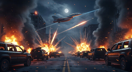 Dramatic Night Scene Of A City Under Attack With A Fighter Jet Flying Overhead, Explosions, And Burning Cars On The Street.  A Full Moon Illuminates The Chaos.