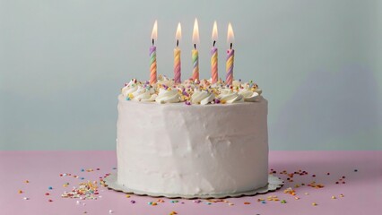 A frosted birthday cake with lit candles, sprinkles, and a pastel background.