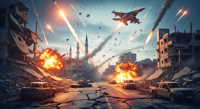 War-torn City Under Aerial Attack: Explosions, Missiles, And Destroyed Buildings In A Desolate Urban Landscape. A Fighter Jet Soars Overhead Amidst The Chaos And Devastation.