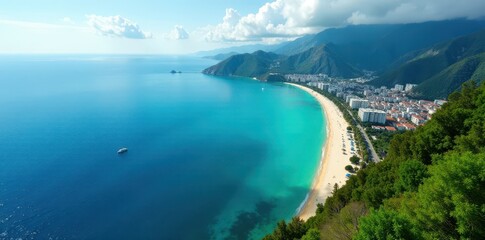Fototapeta premium Breathtaking split waterfront panorama, aerial view , beach, horizon