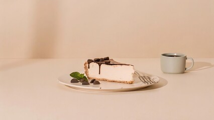 A slice of cheesecake with chocolate drizzle and a cup of coffee.