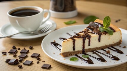 A slice of cheesecake with chocolate sauce and mint leaves served with a cup of coffee.