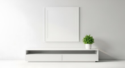 A modern minimalist interior with a blank frame and plant