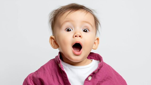 Excited toddler with wide-open mouth and bright eyes, wearing a pink shirt, expressing joy and surprise against a neutral background, capturing the essence of childhood wonder and emotion