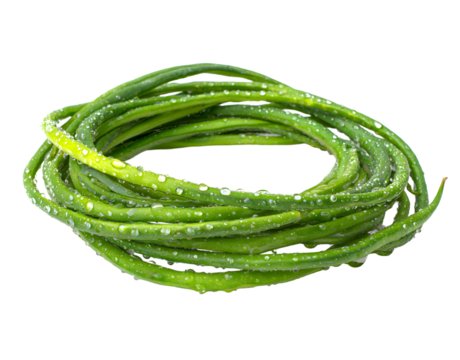 AI generated crisp image of vibrant yardlong beans arranged in circular formation with glistening water droplets, showcasing their fresh-picked quality and slender shape against clean white background