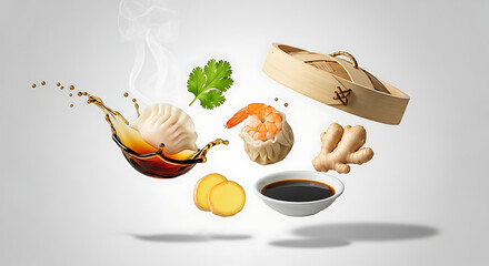 Steaming dumpling with soy sauce splash, shrimp shumai, ginger, and cilantro arranged in a floating composition against a white background.
