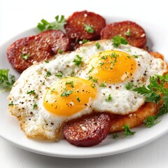 Fried Eggs, Sausage & Potatoes on White Plate