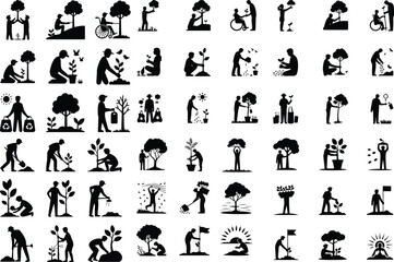 Tree Planting Silhouette Icon Set Eco Garden & Green Nature Silhouette Icons