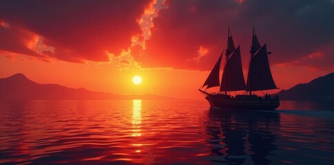Naklejka premium Dark silhouettes of ships against a fiery Mindelo sunset, tranquil waters , stillness, dusk
