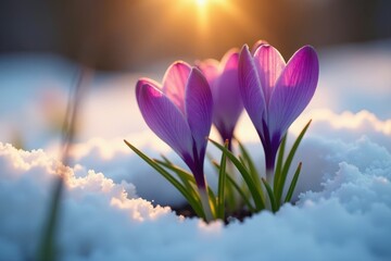 Fototapeta premium Delicate crocuses emerge, bathed in soft evening sunlight, pushing through melting snow , peaceful, light