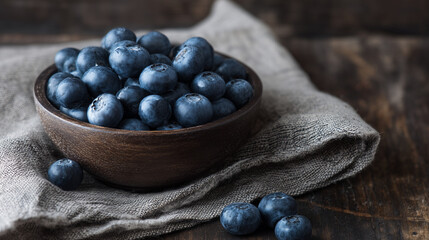 Bowl of fresh blueberries on linen cloth