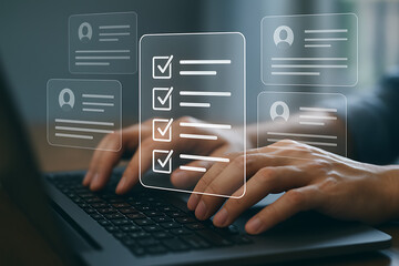 User working on digital checklist interface with futuristic profile icons and performance tasks showing productivity tracking in online task management system on laptop