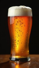 Amber beer cascading, creamy head, curved glass silhouette, detail, head