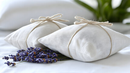 Two small white fabric bags tied with twine, resting on a white surface, next to a sprig of lavender.