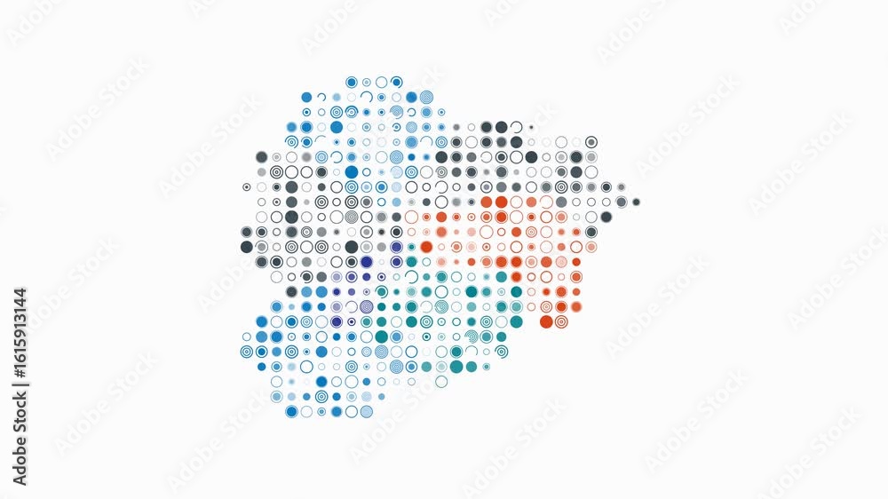 Poster andorra dotted animation. shape of the country build of pulsating colored dots. large size circle bl
