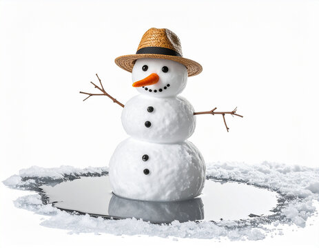 Melting Snowman Under Winter Sun, isolated on a transparent background.