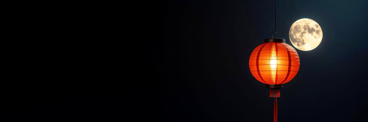 A red lantern hangs against a dark sky, illuminated by the bright full moon. The scene captures the essence of the Mid-Autumn Festival celebration.