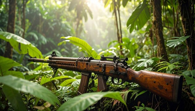 A weathered bazooka abandoned in a dense jungle, vines wrapping its barrel, sunlight filtering through leaves, hyper-realistic details