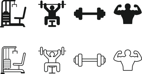 Gym and Strength Icons –  Minimalist Weightlifting and Exercise Silhouettes Featuring Equipment, Poses, and Muscle Flexing for Fitness and Training Themes