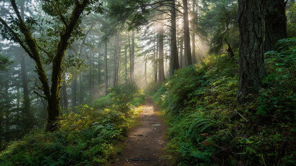 Foggy forest trail in early morning light
