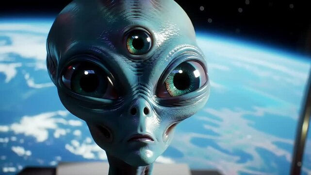 Three-Eyed Alien Observes Earth From Spacecraft Window View