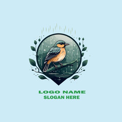 Colorful logo icon vector of a solitary bird in the rain drenched forest minimalist and serene nature design on white background .