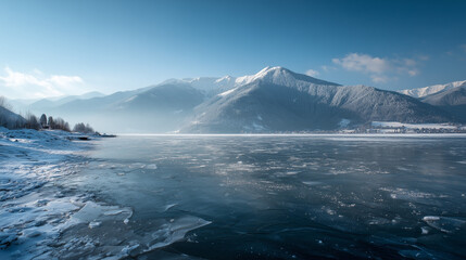 Frozen lake with snowy mountains in background