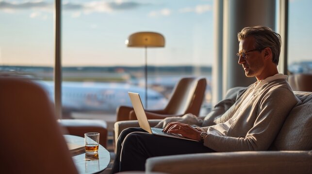 Businessman working on laptop while relaxing in airport lounge during sunset hours