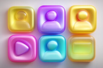 Innovative digital interface showcasing colorful translucent social media buttons representing user engagement and modern communication in an artistic composition