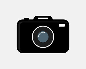 Flat Design Black Camera Icon with Lens Isolated on Light Background, Modern Photography Symbol