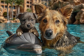 a dog a puppy and dolphin best friends at the pier in water